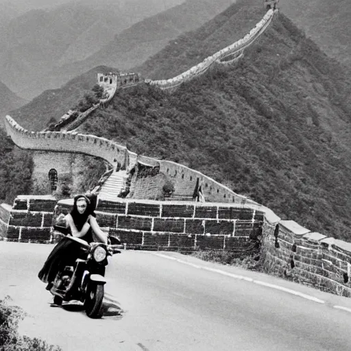 Prompt: a historical black and white photograph of two girls on a Harley Davidson motorbike driving fast over the Great Wall of China