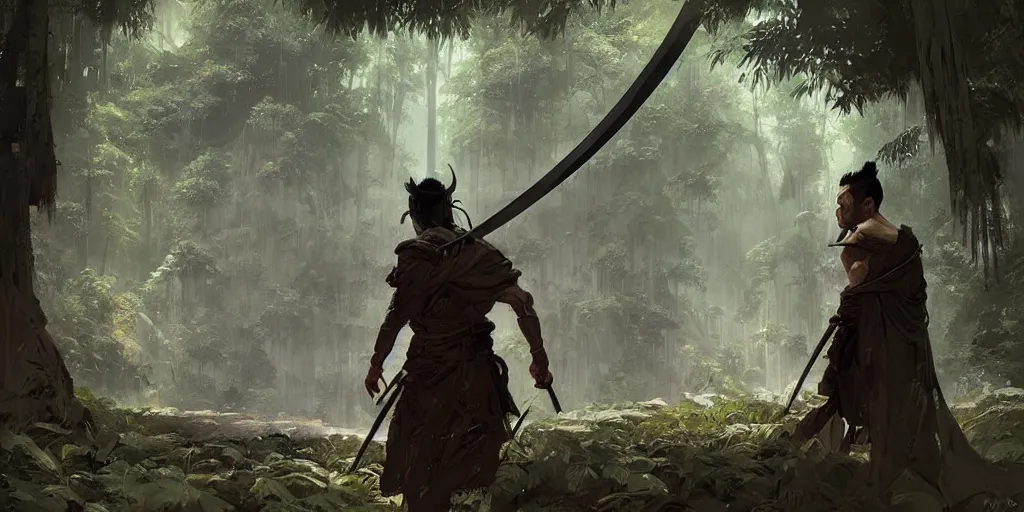 Image similar to hyper realistic yasuo the ancient swordsman gazing upon the world he has created while its raining in a bamboo forest, greg rutkowski, brom, james gurney, mignola, craig mullins, alan lee