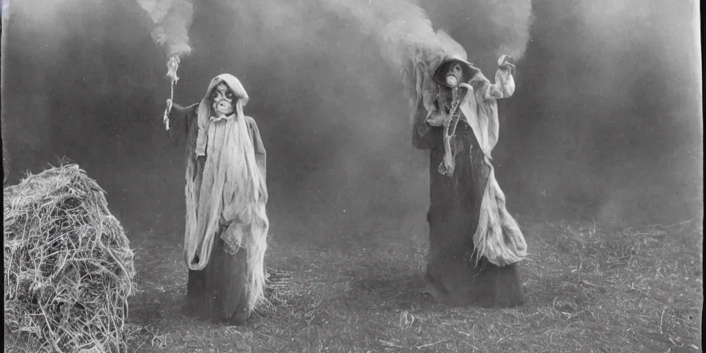 Prompt: 1 9 2 0 s spirit portrait photography of an old female farmer turning into a krampus ghost with hay cloth in the dolomites, smoke from mouth, casting a root spell, witchy, wicca, by william hope, dark, eerie, grainy