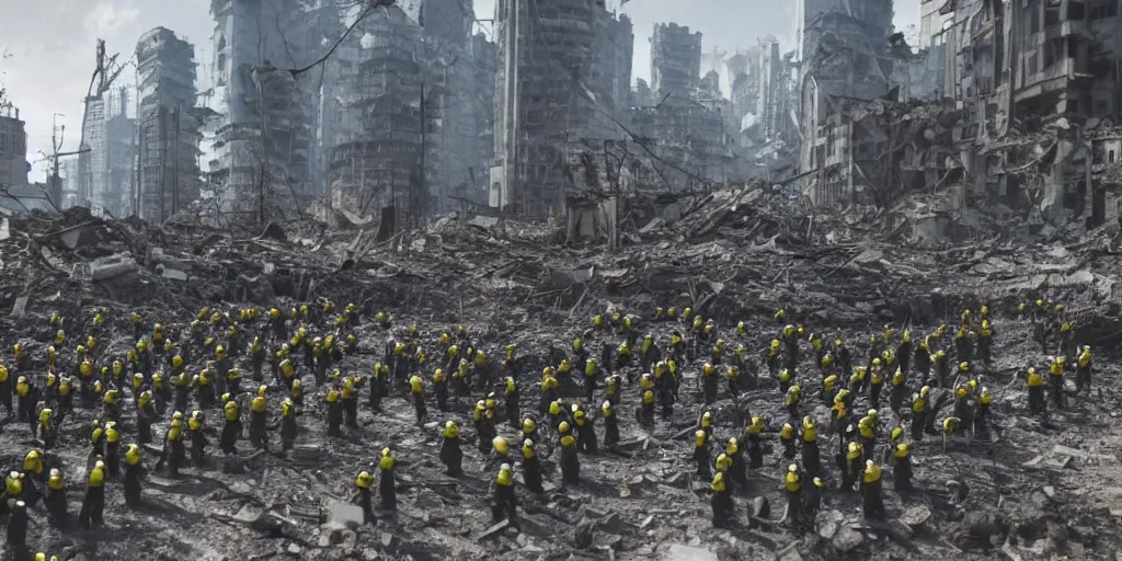 Prompt: army of minions in the middle of the ruins of cyberpunk moscow after the bombing, a minimum of surviving houses, a dim sky, a dead city