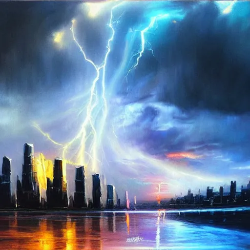 Prompt: oil painting of a futuristic city near to a big lake, dramatic storm clouds, sunrays, dramatic, very very very beautiful art, cinematic lighting, romanticism by goya, bright pastel color, blue sky