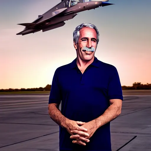 Image similar to happy jeffrey epstein, wearing a dark blue polo shirt, standing near fighter jet on an empty runway at dusk, high detail, volumetric lights, professional high quality studio photo from vogue magazine