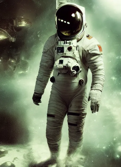 Image similar to complex poster art by craig mullins astronaut in futuristic dark and empty spaceship underwater. infrared glowing lights. complex and hyperdetailed technical suit. reflection and dispersion materials. rays and dispersion of light. volumetric light. 5 0 mm, f / 3 2. noise film photo. flash photography. octane render. interstellar movie poster