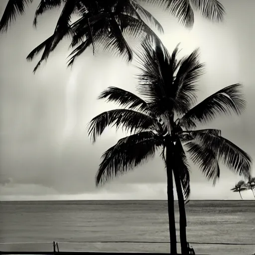 Prompt: miracle musical Hawaii part ii album cover, showing an ocean in the background, spiral transparent stairs on the left with tall palm trees behind it, a slight rainbow in the background, white outline border, moon in the right top area black and white