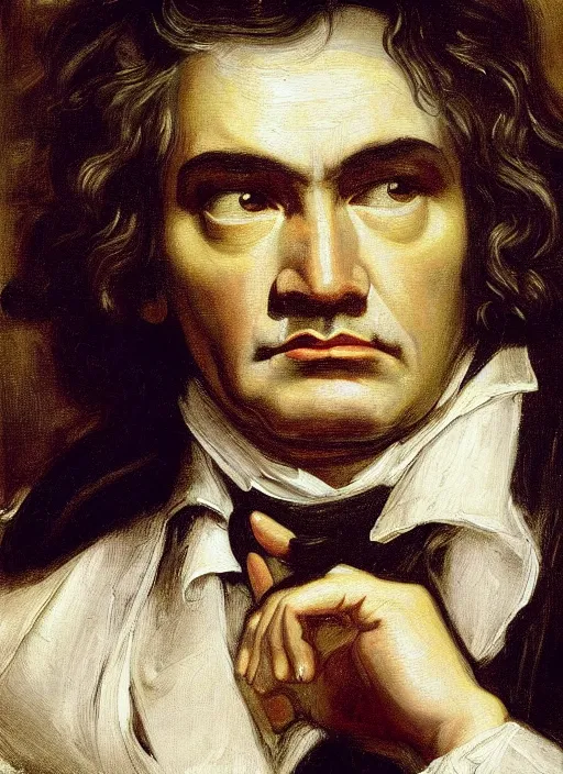 Image similar to highly detailed oil painting | very intricate | cinematic lighting | black, white and gold color scheme, dark background | the beast ludwig van beethoven in meditation | by roberto ferri, by gustav moreau, by singer sargent and klimt, american romanticism, occult art | by austin osman spare, artstation, cgsociety, official art, octane