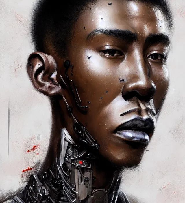 Image similar to portrait of a man by greg rutkowski, he is about 2 5 years old, mixture between afroamerican and japanese, afro hair, geisha tatoos, very tall and slender, he is wearing a futuristic police gear, highly detailed portrait, digital painting, artstation, concept art, smooth, sharp foccus illustration, artstation hq