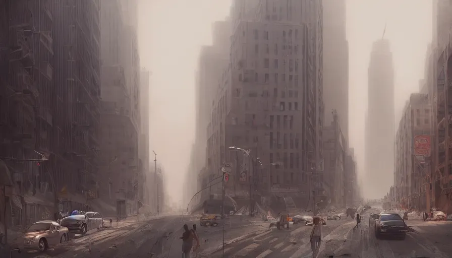 Image similar to new - york city streets under tons of sand during sandstorm, people fleeing, hyperdetailed, artstation, cgsociety, 8 k