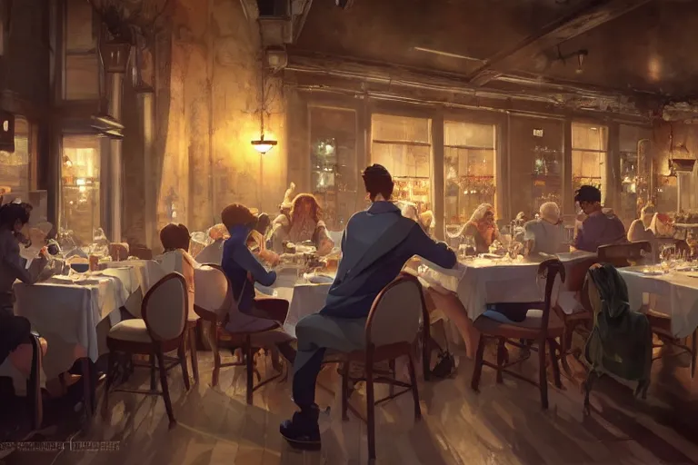 Prompt: a man celebrating his birthday at an italian restaurant, single subject, scenic full shot, ambient lighting, detailed face, by makoto shinkai, stanley artgerm lau, wlop, rossdraws