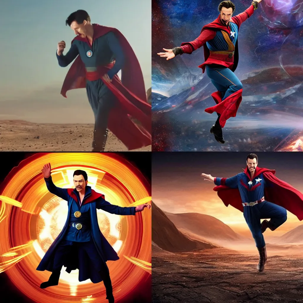 Prompt: dr strange dancing on top of captain America's shield on mars realistic photo