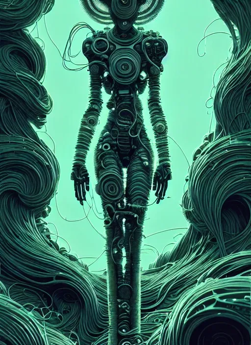 Image similar to highly detailed portrait of a biopunk long curly white hair tribal lady, stray wiring by atey ghailan, james gilleard, by joe fenton, by greg rutkowski, by greg tocchini, by kaethe butcher, 4 k resolution, gradient green, black and white color scheme!!! ( ( irradiated robotic spiral rocky landscape background ) )