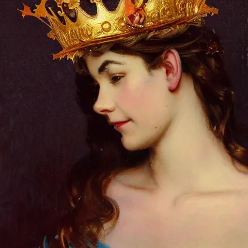 Image similar to left side portrait of a young queen with a golden crown, head only, headshot, royalty, surrounded by gold leaves by Stanley Artgerm Lau , greg rutkowski, thomas kindkade, alphonse mucha, loish, norman rockwell, J. C. Leyendecker. dark brown hair, mouth slightly open, thorn border around the image. D&D, fantasy. Trending on artstation rule of thirds extremely detailed render, extremely realistic, detailed lighting, octane hd 4k