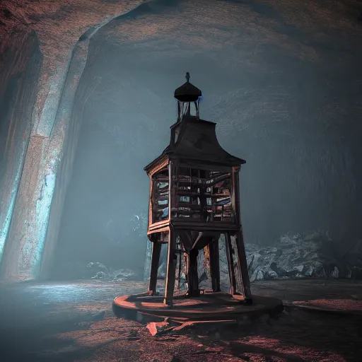 Image similar to an abandoned old rusty clocktower in a dark enormous cave dream photography, painting, perfectly balanced light, digital art, unreal engine, trending on artstation,