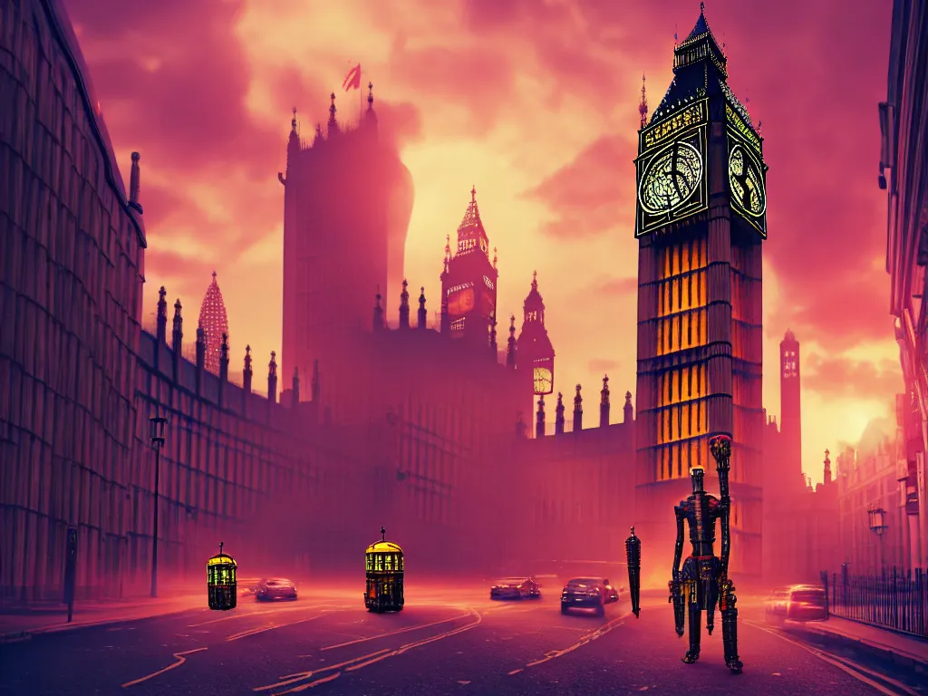 Image similar to a giant ancient beautiful cyborg of the elder gods with pipes and tubes in the city of London, London streets with bigben in the background, colourful, dramatic lighting, golden hour, very detailed octane render very realistic beautiful