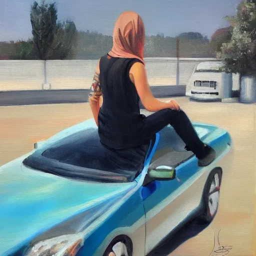 Prompt: girl sitting on car, oil painting by ian francis