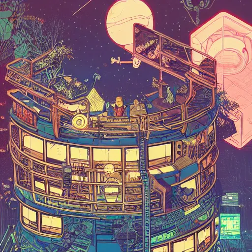 Image similar to Stunningly intricate illustration of a cyberpunk explorer playing video games in his treehouse, highly detailed, midnight, by Victo Ngai and James Gilleard , Moebius, Laurie Greasley