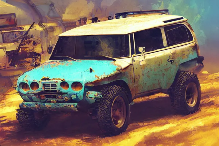 Image similar to digital illustration of a futuristic faded cyan mad max's fj 4 0 decrepit!!!! pursuit special, rusty!!! cyberpunk nissan fj cruiser heavily modded 1 9 9 0 s, the last v 8 interceptor by makoto shinkai, ilya kuvshinov, lois van baarle, rossdraws, basquiat