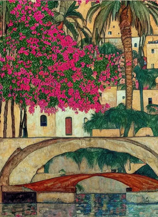 Image similar to ahwaz city in iran with a through arch bridge on local river, 3 boat in river, 2 number house near a lot of palm trees and bougainvillea, hot with shining sun, painting by egon schiele