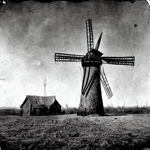 Image similar to 1800s photo of a dilapidated windmill