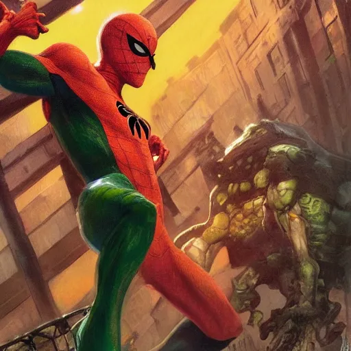 Image similar to an orange and green spiderman by ruan jia and marc silvestri