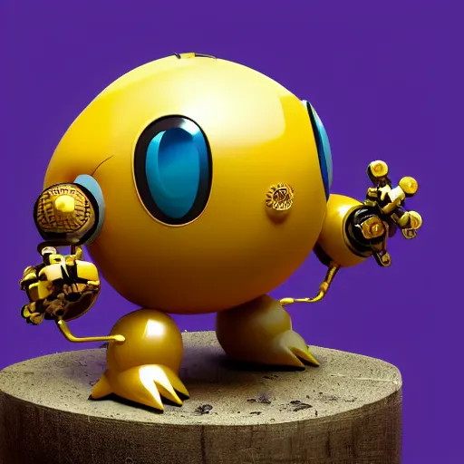 Image similar to a small chubby bot, colourful, smooth panelling, large gold eye intricate detail, style of cute pokemon, with damaged rusty arms, broken antenna, recycled, floating, white studio, oil, mechanical, cute toy, with an insect on its head, ambient light, in the style of pixar animation, pokedstudios, blender, octane render, 8 k,