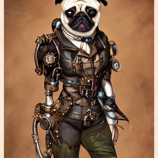 Prompt: pug dressed with inspirations from steampunk style, high detailed, digital art, trending on artstation, devianart, cgsociety