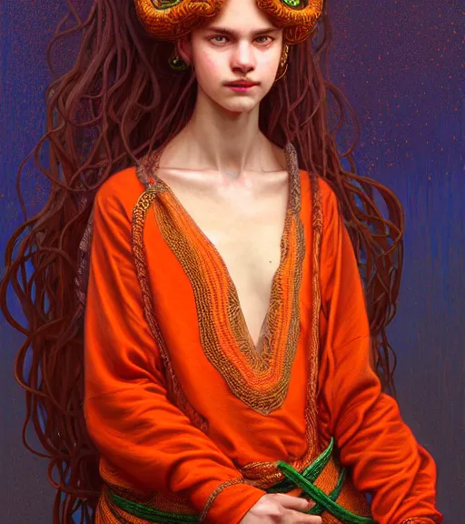 Image similar to portrait of teenage medusa, snake hair, naughty smile, wearing an embroidered orange tunic, intricate, sensual, elegant, copper and emerald jewelry, glowing lights, seductive, highly detailed, digital painting, artstation, concept art, smooth, sharp focus, illustration, art by wlop, mucha, artgerm, and greg rutkowski