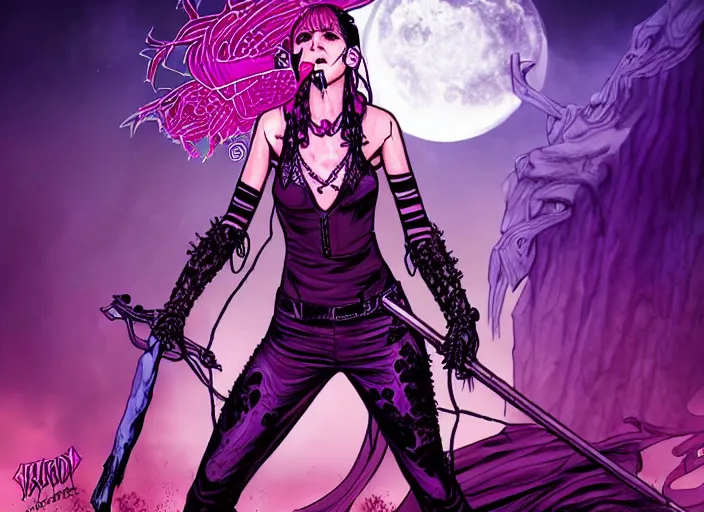 Image similar to fantasy comic cover art of female hero lead singer in a rock band of grim reapers, battling in a purple post apocalyptic hellscape, detailed faces, intricate details, stunning inking lines, stunning gradient colors, 4 k, hd, artstation, award winning