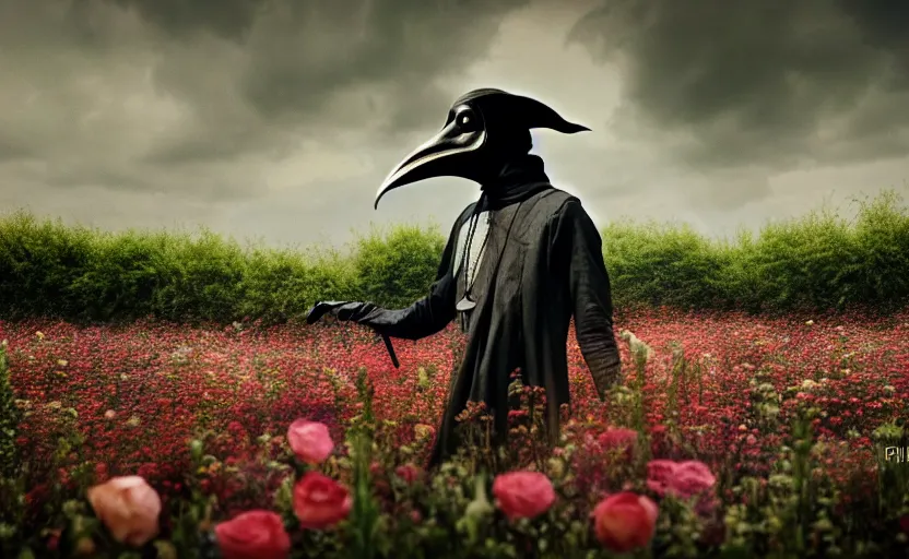 Image similar to a extremely disturbing old forgotten horror photograph of a plague doctor in a field of flowers, hyperrealism, sharp focus, highly detailed, horror cgi 4 k, matte, octane render, cinematography, photo by professional photographer