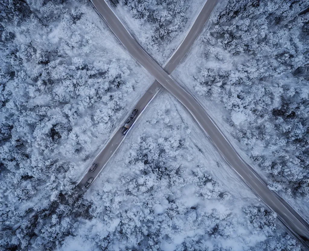 Prompt: A little car driving on an icy road between burning fields of wheat, drone photography, 4k