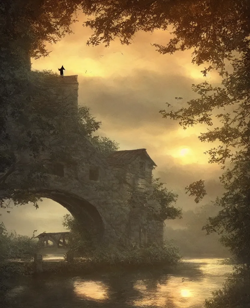 Image similar to small wooden cottage by the river, a tree with vines wrapped around it, two crows on the tree, tranquility, arch stone bridge over the river, an old man riding a horse on the bridge, sunset, by charlie bowater, by greg rutkowski