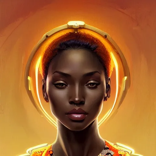 Image similar to Portrait of very very very very very very beautiful African woman, spacesuit, orange eyes, intricate, elegant, highly detailed, digital painting, artstation, concept art, smooth, sharp focus, illustration, art by artgerm and greg rutkowski and alphonse mucha