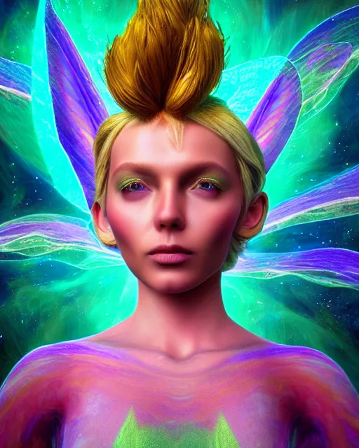 Prompt: portrait ultra dimensional tinker bell, accidentally tripping on dmt and acid, psychedelic experience, overwhelming psychosis of self realization and burning awakening, ultra high definition, unreal engine 5, hyperrealism, masterpiece composition, by casey weldon, barclay shaw 8 k photorealistic