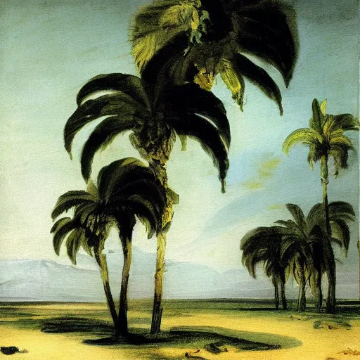 Prompt: a painting francisco goya did when he was obsessed with vaporwave palm trees