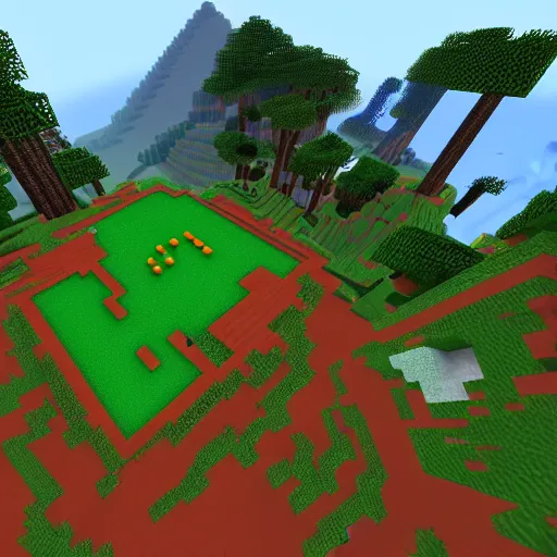 Prompt: next generation minecraft, pretty foliage, orange sunset, hearthstone, runterra