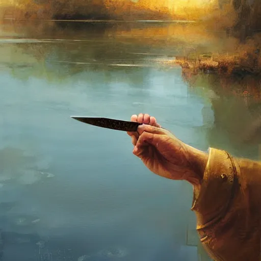 Image similar to digital painting of a hand holding a sword coming out of a lake by james gurney, craig mullins