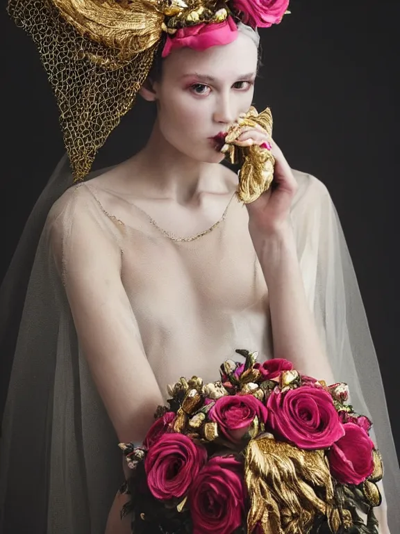 Image similar to a 65mm fashion headshot portrait of a catholic veiled Princess who has rococo dramatic headdress with roses,by Annie Stegg and Jovana Rikalo and VICTOR NIZOVTSEV and Nekro and Billelis, GUCCI,DIOR,avian-inspired,beaded embroidery,trending on pinterest,hyperreal,Kintsukuroi,gold,maximalist