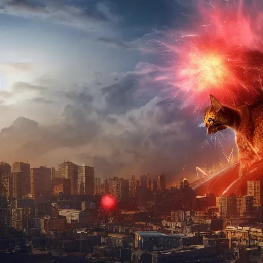 Prompt: giant cat destroying a city, explosions in the background, 4 k,