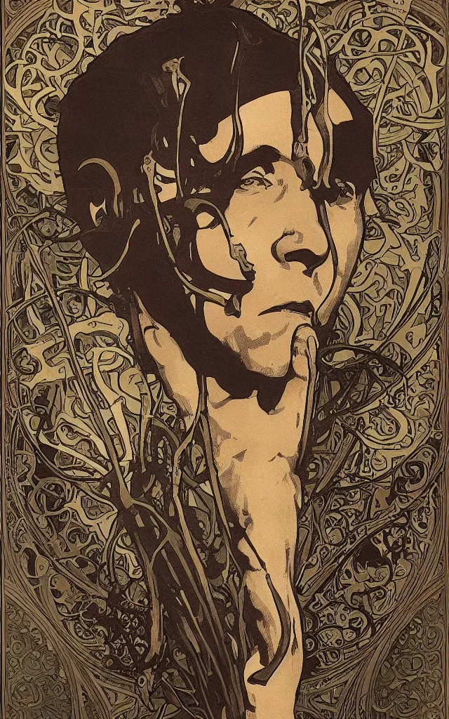 Image similar to Hannibal Lecter from NBCs Hannibal in portrait Alphonse Mucha art nouveau style, detailed high definition poster, photorealistic brutal artwork, featured on artstation, powerful, high definition, large file size, advertisement