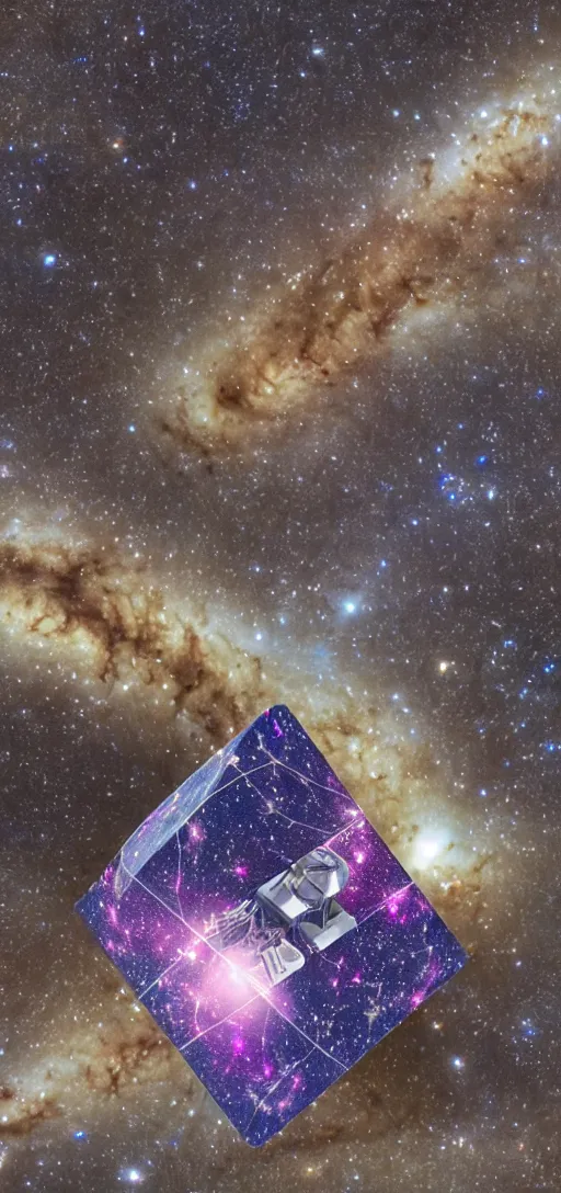 Prompt: an 8 k hi res cinematic 8 0 mm macro up close photo of the all seeing all knowing tessaract hyper cube at the center of the milky way galaxy nasa jwst andromeda witch