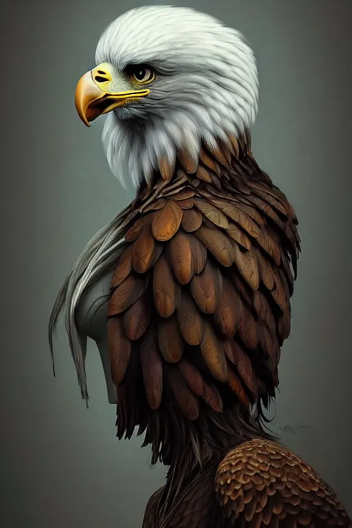 Image similar to epic professional digital art of female human - eagle hybrid animal, sitting and wearing human air force jumpsuit, humanoid feathered head, eagle beak, by reyna rochin, ignacio fernandez rios, leesha hannigan, wayne haag, artstation, cgsociety, epic, much wow, much detail, gorgeous, detailed, cinematic, masterpiece