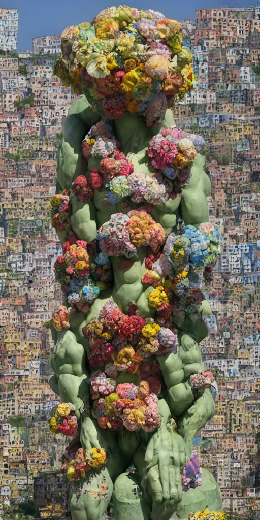 Image similar to colossal grotesque flower statue made from Lenin heads and colorful alien flowers in the middle of abandoned early soviet constructivist cityscape, Stalinist architecture, ultradetailed by Hayao Miyazaki and Josan Gonzalez and Makoto Shinkai and Giuseppe Arcimboldo and Wes Anderson