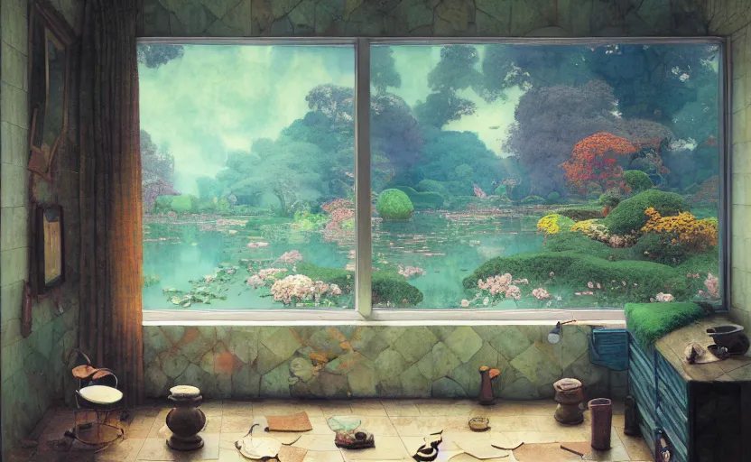 Image similar to tiled room with square pond, fantasy. intricate, amazing composition, colorful watercolor, by ruan jia, by maxfield parrish, by marc simonetti, by hikari shimoda, by robert hubert, by zhang kechun, illustration, gloomy