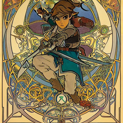 Image similar to a painting of the legend of zelda : breath of the wild by mucha