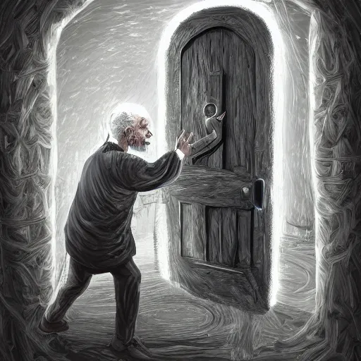 Prompt: old man going through a door to another dimension, digital art, 4 k, fantasy