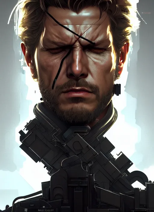 Image similar to symmetry!! portrait of solid snake, metal gear solid, tech wear, glowing lights!! intricate, elegant, highly detailed, digital painting, artstation, concept art, smooth, sharp focus, illustration, art by artgerm and greg rutkowski and alphonse mucha