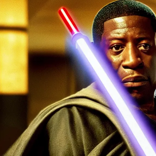 Image similar to gucci mane holding a lightsaber as mace windu in star wars episode 3, 8k resolution, full HD, cinematic lighting, award winning, anatomically correct