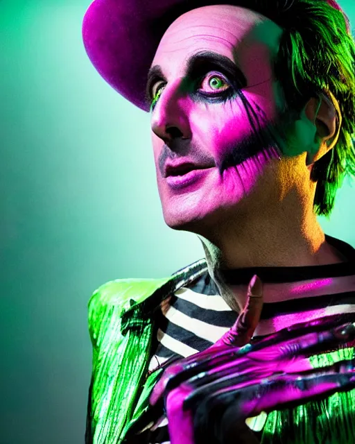 Image similar to Will Arnett as Beetlejuice, makeup, green hair, cinematic lighting, 4k photograph