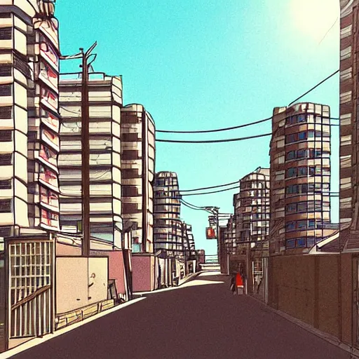 Image similar to japanese town, neighborhood, modern neighborhood, japanese city, underground city, modern city, tokyo - esque town, 2 0 0 1 anime, cel - shading, compact buildings, sepia sunshine