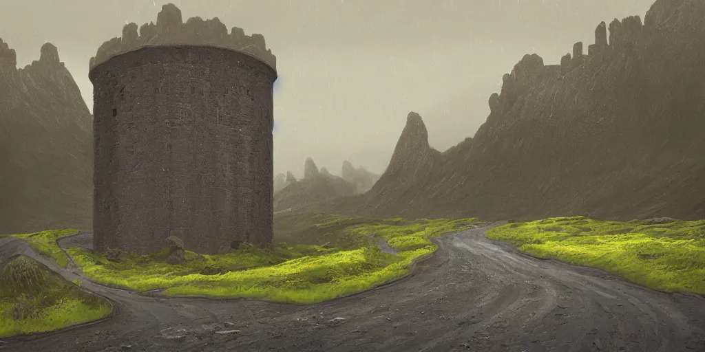 Image similar to A digital painting by Simon Stålenhag of Iceland´s gravel road ,monumental old ruins tower, forest,overcast, of a road in Iceland landscape.