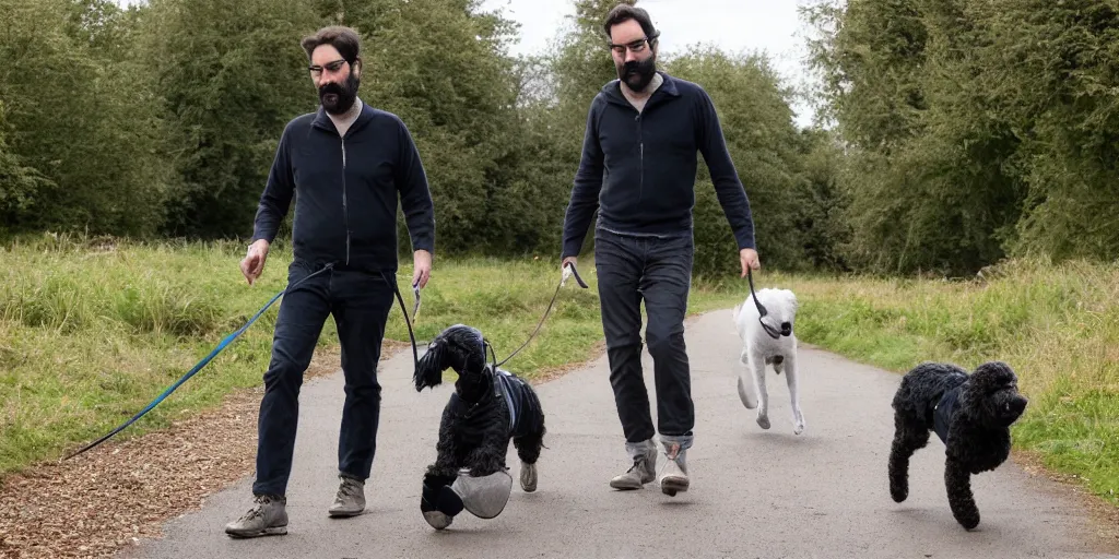 Prompt: adam buxton and his dog rosie recording a podcast while walking, norfolk, black dog, poodle-whippet, photorealistic